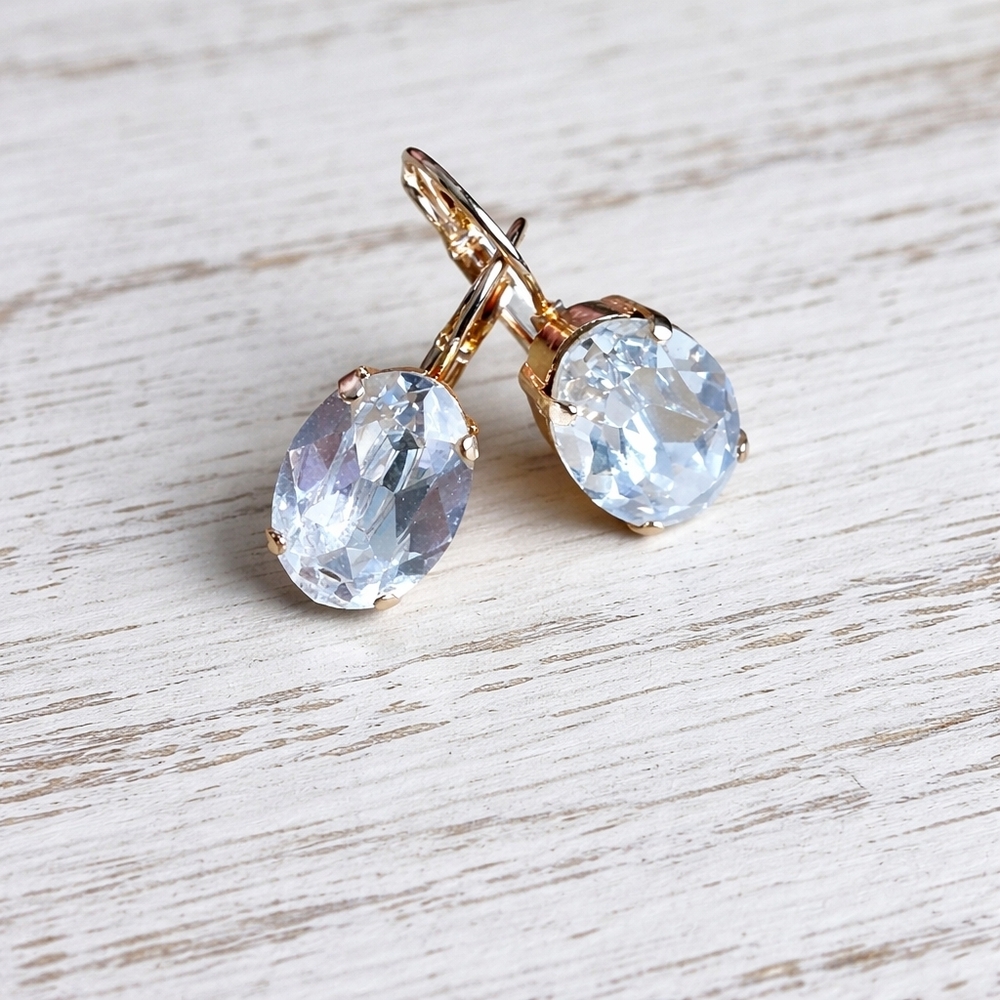 Gold Lever-Back Earrings with Clear Crystals, Hand Crafted
